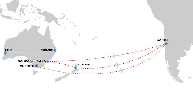 QANTAS flight path Sydney Melbourne to Santiago QANTAS flight path Sydney Melbourne to Santiago