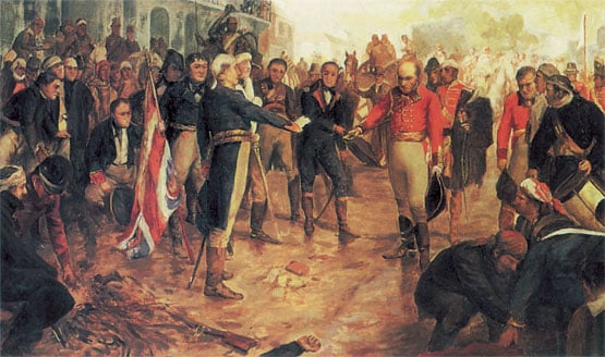Painting shows people surrendering in war. Painting shows people surrendering in war.