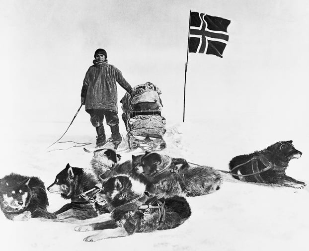 Black and white image of Man with dogs and flag Black and white image of Man with dogs and flag