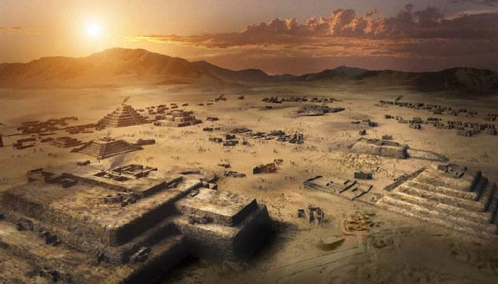 ancient ruin of caral at sunset with mountains in background ancient ruin of caral at sunset with mountains in background