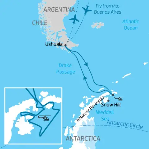 QUARK_Antarctica_Snow-Hill_Helicopter-Landing-hero.jpg itinerary map for expedition cruise from South America to Snow Hill past the Antarctic Peninsula to the Weddell Sea)