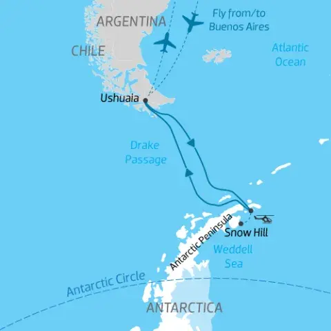 Emperor-Penguins-belly-sliding-Snow-Hill-hero.jpg itinerary map for expedition cruise from South America to Snow Hill past the Antarctic Peninsula to the Weddell Sea and back through the peninsula)
